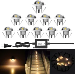 10 Pack LED Stair Lights Kit Low Voltage Waterproof IP65 Outdoor 1-2/5" Recessed Wood LED Deck Lighting Yard Garden Patio Step Landscape Pathway Decor Lamps, Warm White