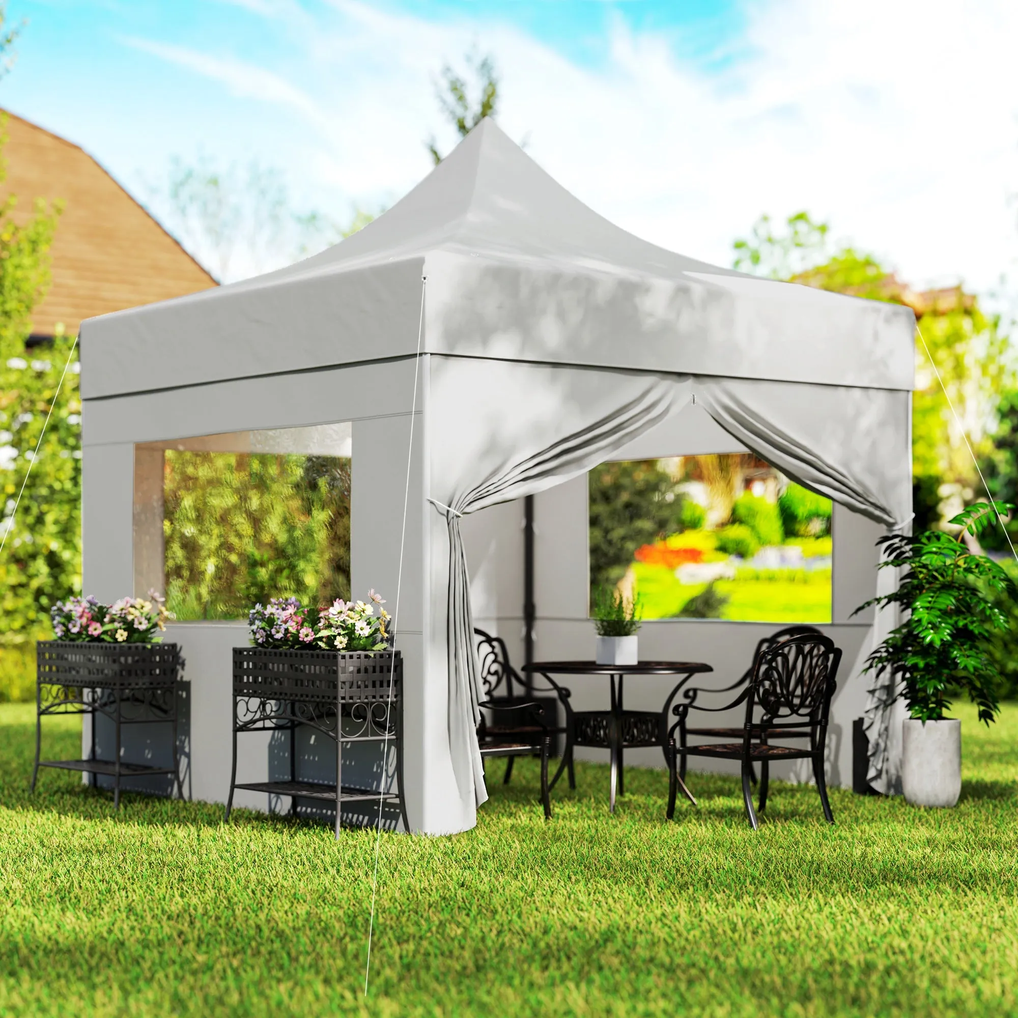 10' x 10' Height Adjustable Pop-Up Canopy with Sidewalls, Wheeled Bag and Sand Bag