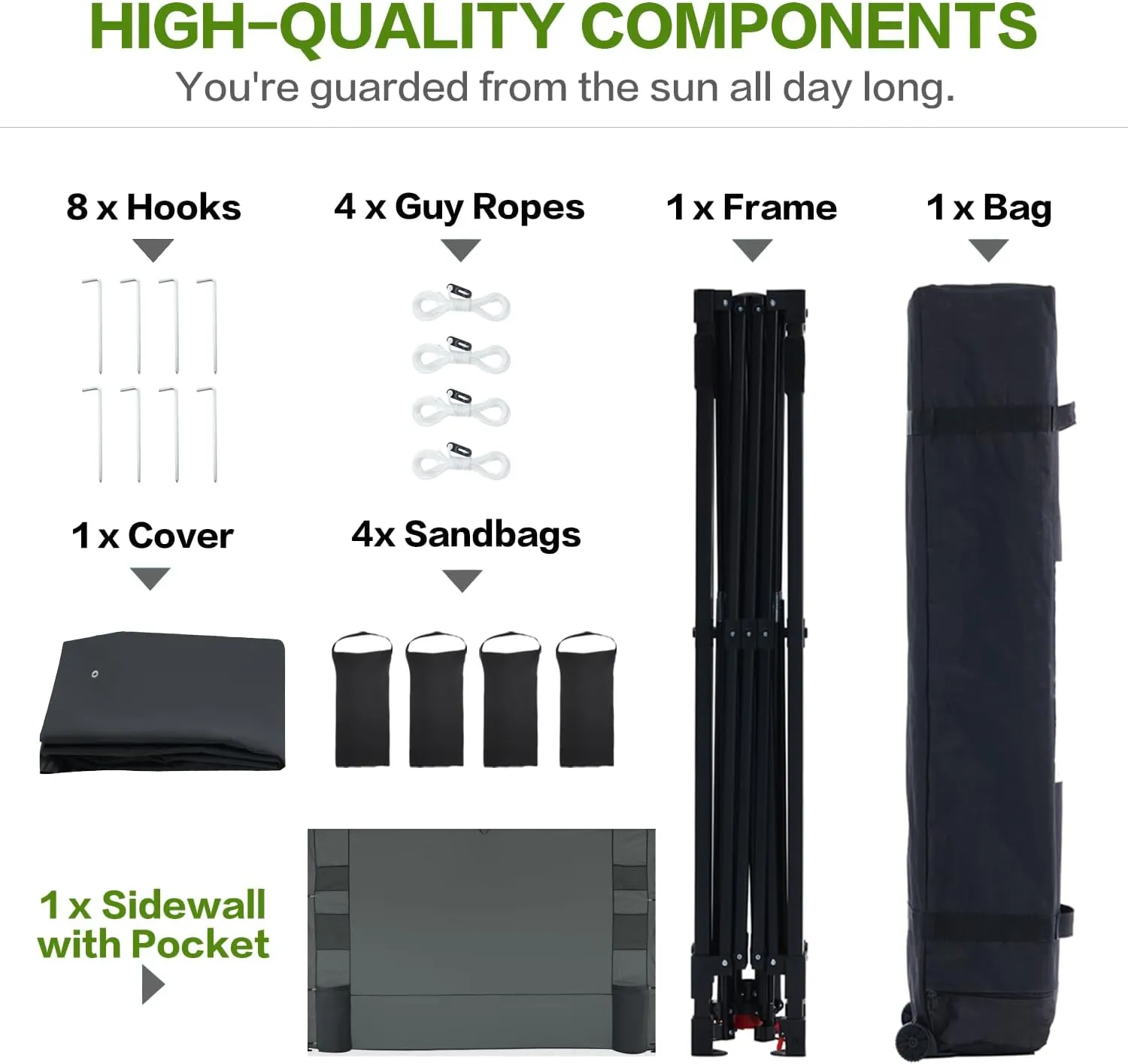 10'x10' 1-Person Setup Pop Up Canopy Tent with Sidewall and 6 Pockets, Patented One Push, Instant Shade Canopy with Vented Roof for Outdoor, Case, 8 Stakes, 4 Ropes, 4 Sandbags (Black)