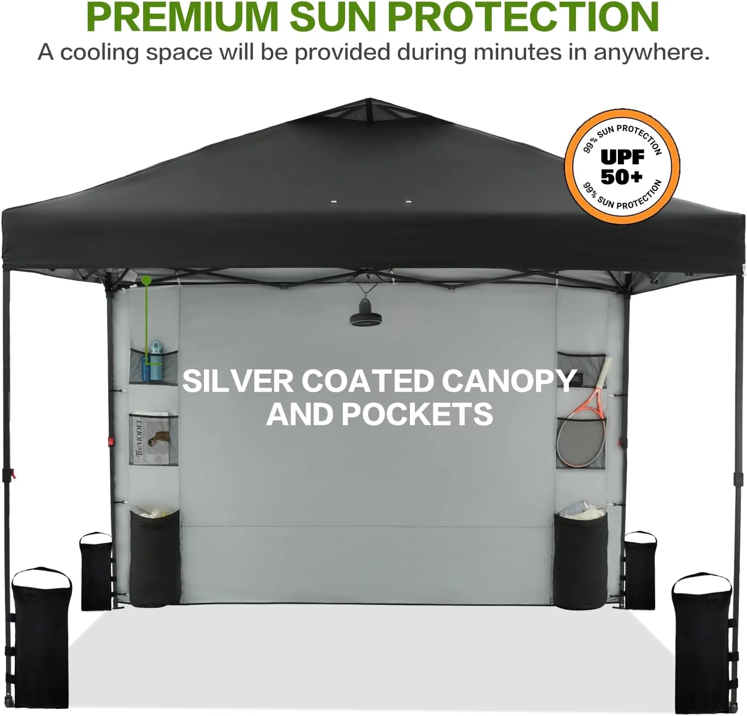 10'x10' 1-Person Setup Pop Up Canopy Tent with Sidewall and 6 Pockets, Patented One Push, Instant Shade Canopy with Vented Roof for Outdoor, Case, 8 Stakes, 4 Ropes, 4 Sandbags (Black)
