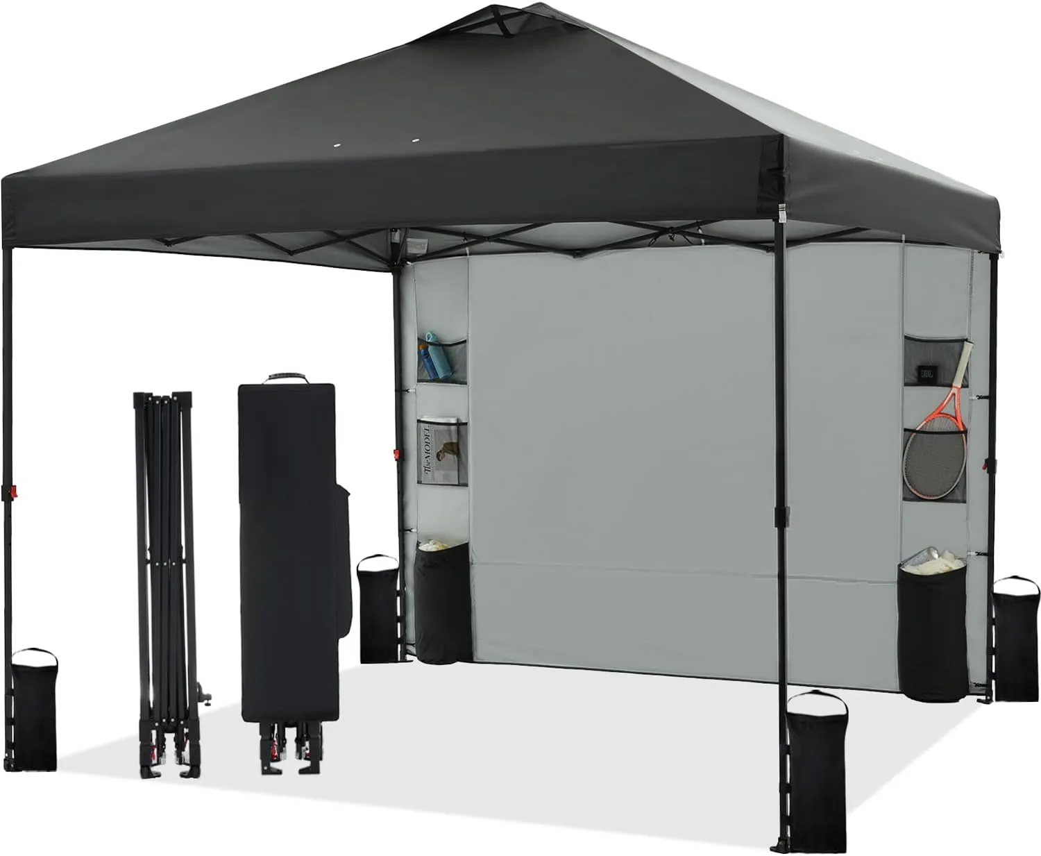 10'x10' 1-Person Setup Pop Up Canopy Tent with Sidewall and 6 Pockets, Patented One Push, Instant Shade Canopy with Vented Roof for Outdoor, Case, 8 Stakes, 4 Ropes, 4 Sandbags (Black)