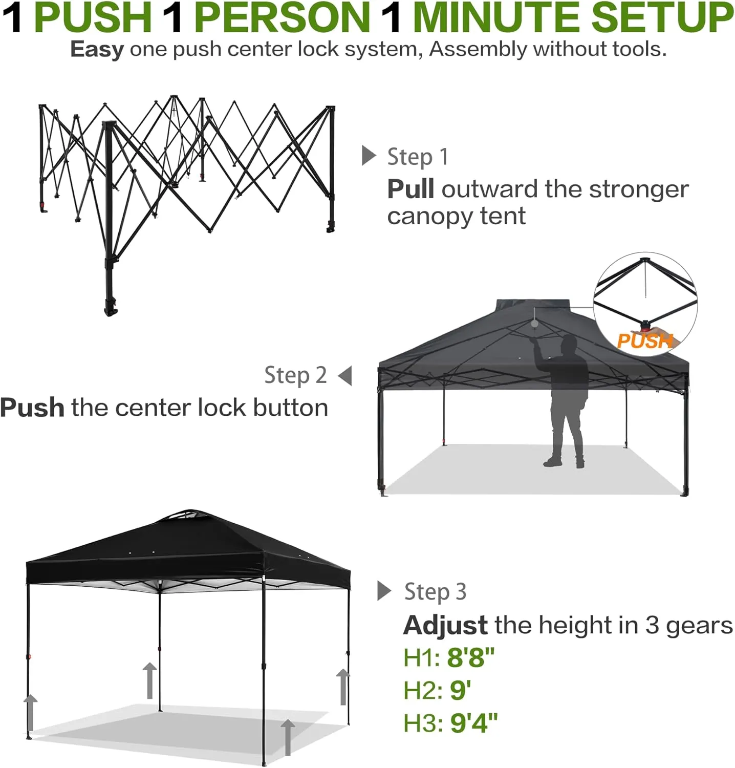 10'x10' 1-Person Setup Pop Up Canopy Tent with Sidewall and 6 Pockets, Patented One Push, Instant Shade Canopy with Vented Roof for Outdoor, Case, 8 Stakes, 4 Ropes, 4 Sandbags (Black)