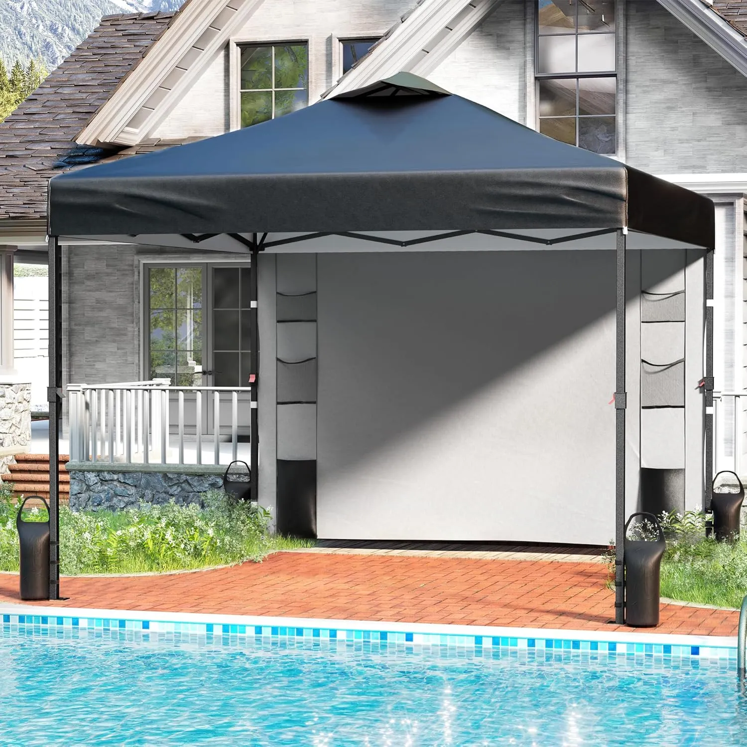 10'x10' 1-Person Setup Pop Up Canopy Tent with Sidewall and 6 Pockets, Patented One Push, Instant Shade Canopy with Vented Roof for Outdoor, Case, 8 Stakes, 4 Ropes, 4 Sandbags (Black)