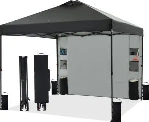 10'x10' 1-Person Setup Pop Up Canopy Tent with Sidewall and 6 Pockets, Patented One Push, Instant Shade Canopy with Vented Roof for Outdoor, Case, 8 Stakes, 4 Ropes, 4 Sandbags (Black)