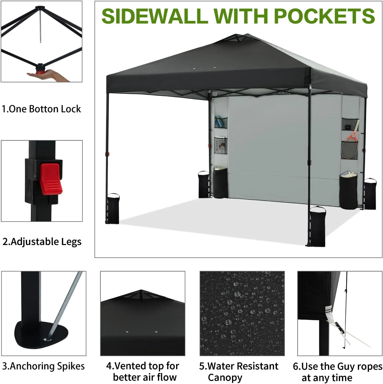 10'x10' 1-Person Setup Pop Up Canopy Tent with Sidewall and 6 Pockets, Patented One Push, Instant Shade Canopy with Vented Roof for Outdoor, Case, 8 Stakes, 4 Ropes, 4 Sandbags (Black)