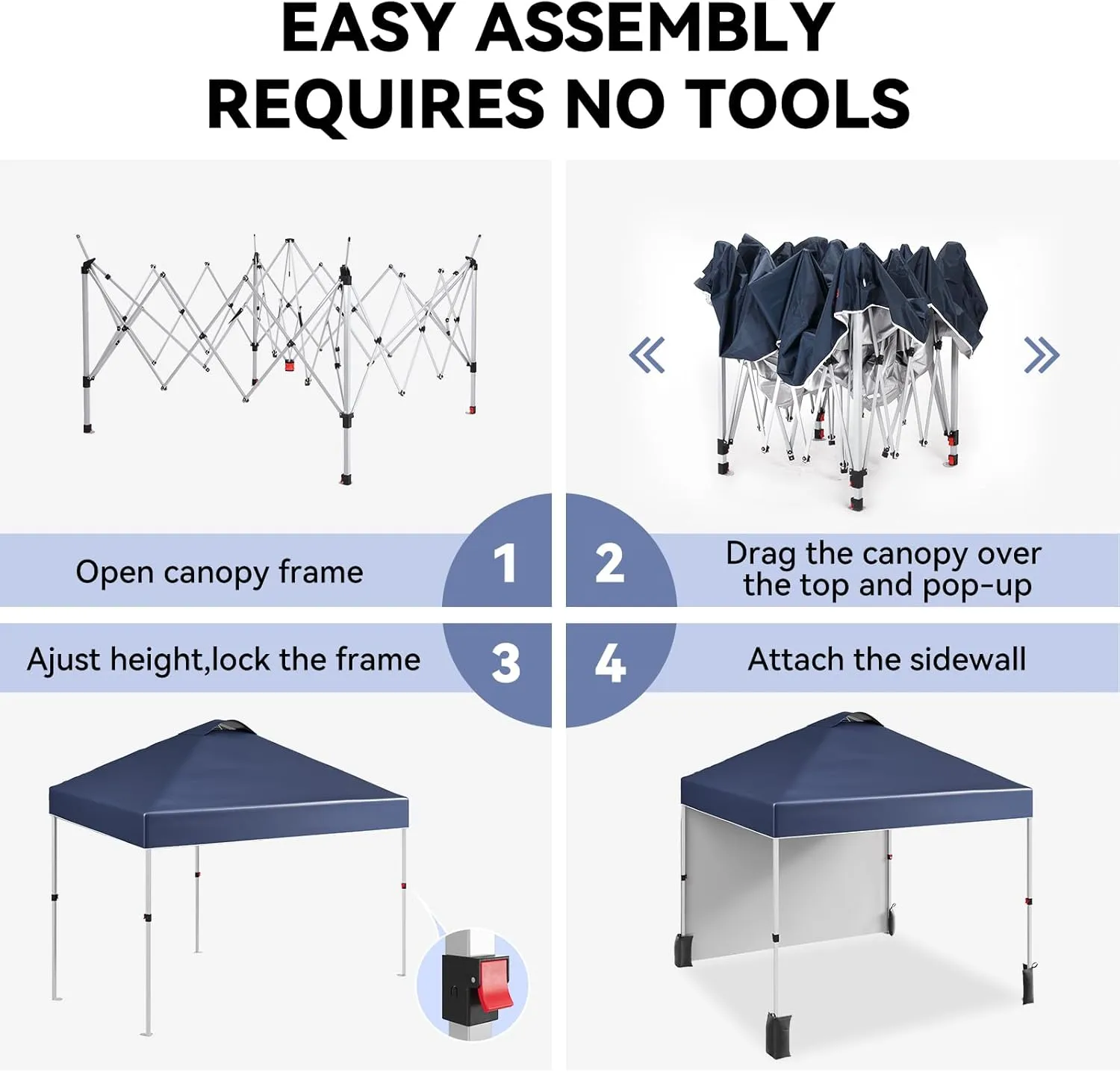 10x10 FT Pop Up Canopy Tent,Adjustable Height On-The-Fly with Roller Bag, 1 Side Wall, 8 Stakes, 4 Ropes & 4 Weight Bags,Instant Outdoor Sun Shade for Beach, Camping, Parties, Events,Blue
