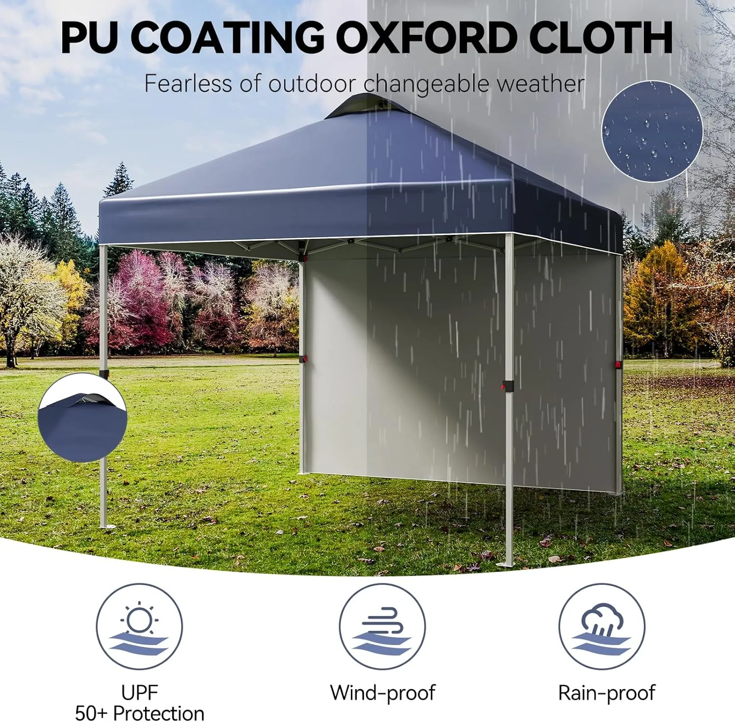 10x10 FT Pop Up Canopy Tent,Adjustable Height On-The-Fly with Roller Bag, 1 Side Wall, 8 Stakes, 4 Ropes & 4 Weight Bags,Instant Outdoor Sun Shade for Beach, Camping, Parties, Events,Blue