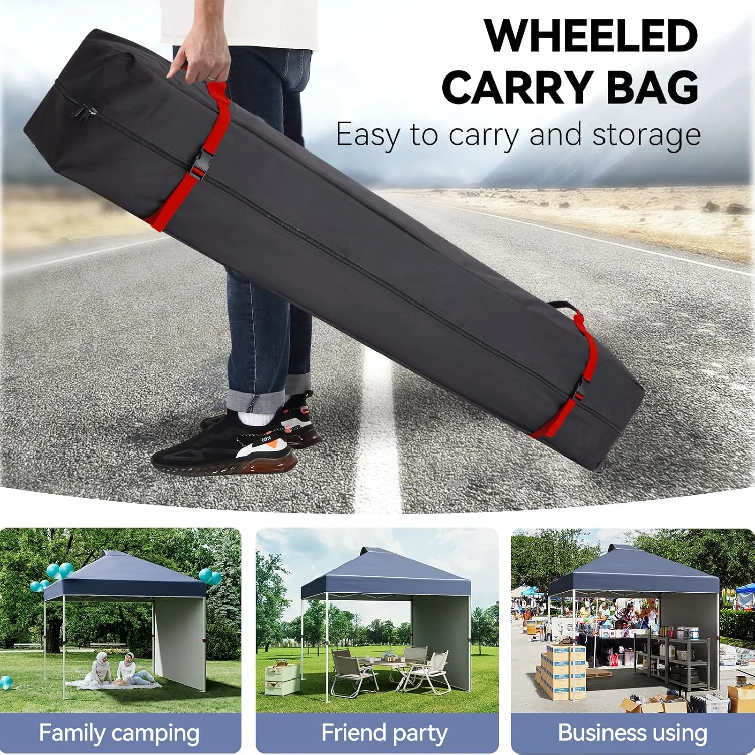 10x10 FT Pop Up Canopy Tent,Adjustable Height On-The-Fly with Roller Bag, 1 Side Wall, 8 Stakes, 4 Ropes & 4 Weight Bags,Instant Outdoor Sun Shade for Beach, Camping, Parties, Events,Blue