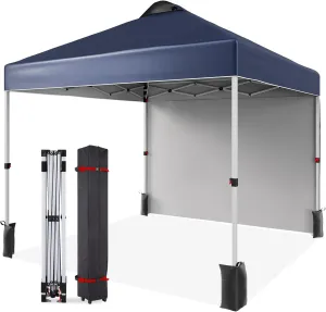 10x10 FT Pop Up Canopy Tent,Adjustable Height On-The-Fly with Roller Bag, 1 Side Wall, 8 Stakes, 4 Ropes & 4 Weight Bags,Instant Outdoor Sun Shade for Beach, Camping, Parties, Events,Blue