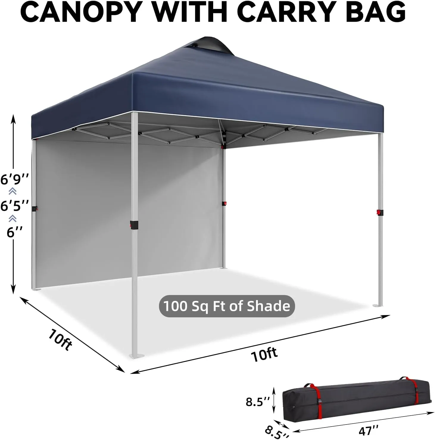 10x10 FT Pop Up Canopy Tent,Adjustable Height On-The-Fly with Roller Bag, 1 Side Wall, 8 Stakes, 4 Ropes & 4 Weight Bags,Instant Outdoor Sun Shade for Beach, Camping, Parties, Events,Blue