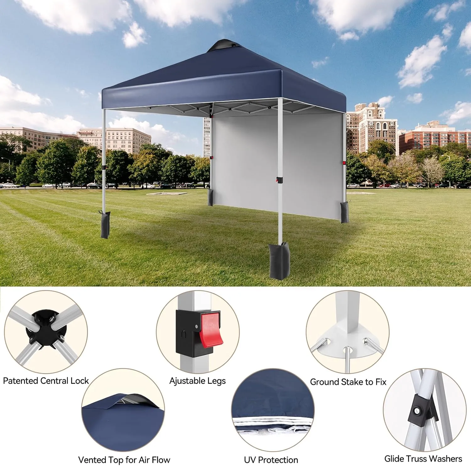 10x10 FT Pop Up Canopy Tent,Adjustable Height On-The-Fly with Roller Bag, 1 Side Wall, 8 Stakes, 4 Ropes & 4 Weight Bags,Instant Outdoor Sun Shade for Beach, Camping, Parties, Events,Blue