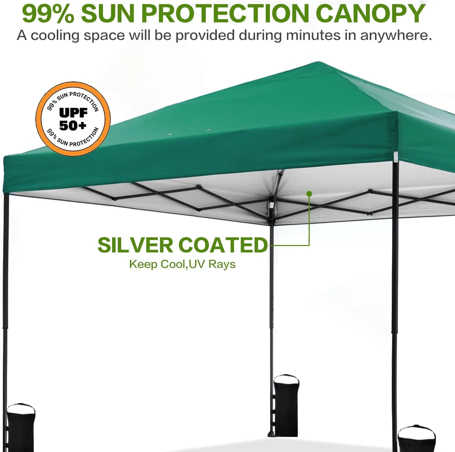 10'x10' Pop Up Canopy Tent with Half Sidewall, 1-Person Easy Setup, Instant Shade Canopy with Sliver Coated for Parties Beach Outdoor, Wheeled Carrying Bag, Stakes, 4 Ropes, 4 Sandbags (Green)