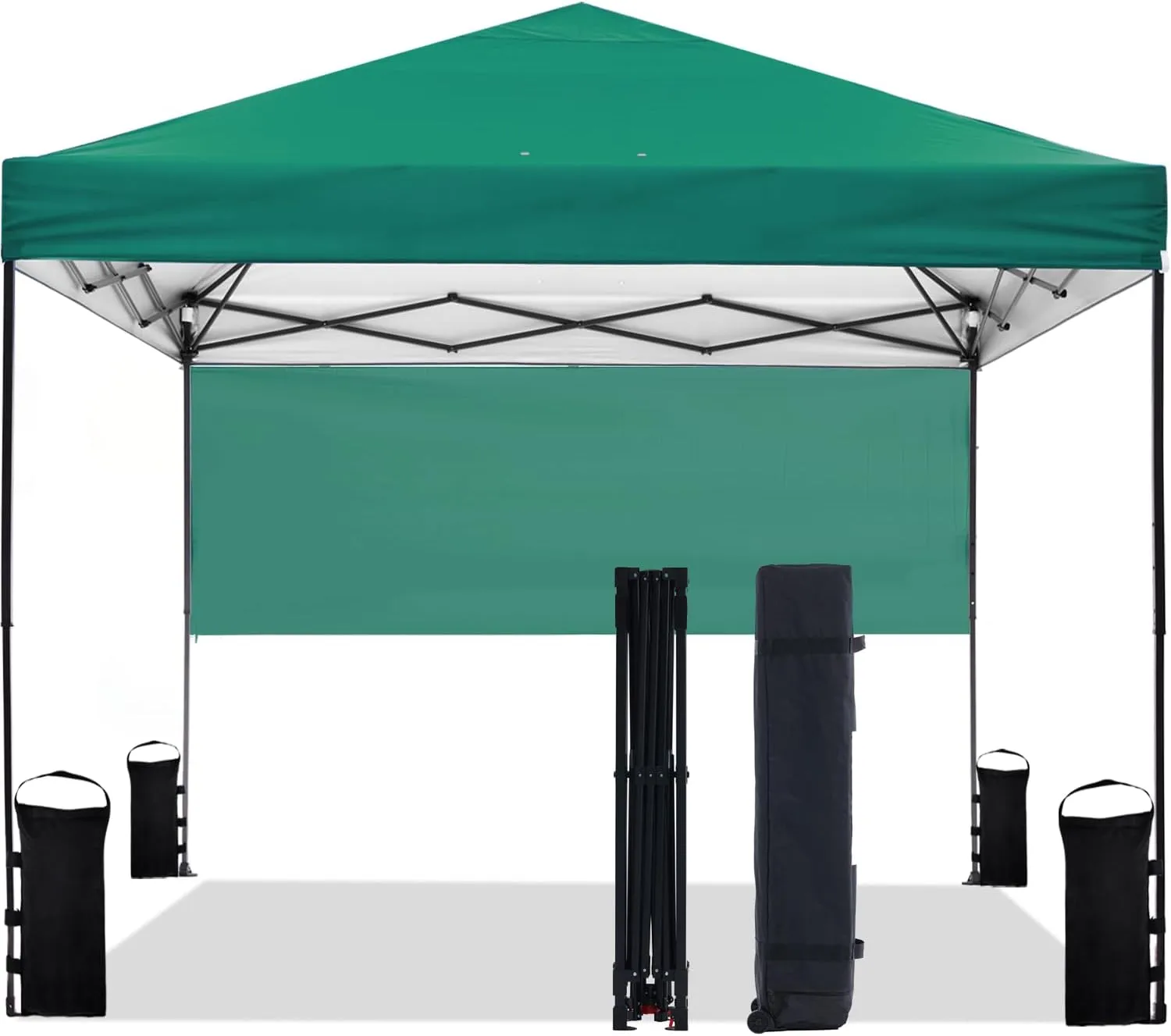 10'x10' Pop Up Canopy Tent with Half Sidewall, 1-Person Easy Setup, Instant Shade Canopy with Sliver Coated for Parties Beach Outdoor, Wheeled Carrying Bag, Stakes, 4 Ropes, 4 Sandbags (Green)
