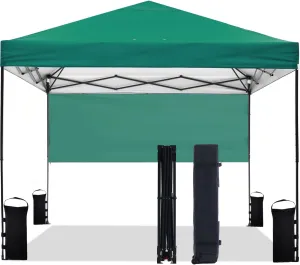10'x10' Pop Up Canopy Tent with Half Sidewall, 1-Person Easy Setup, Instant Shade Canopy with Sliver Coated for Parties Beach Outdoor, Wheeled Carrying Bag, Stakes, 4 Ropes, 4 Sandbags (Green)