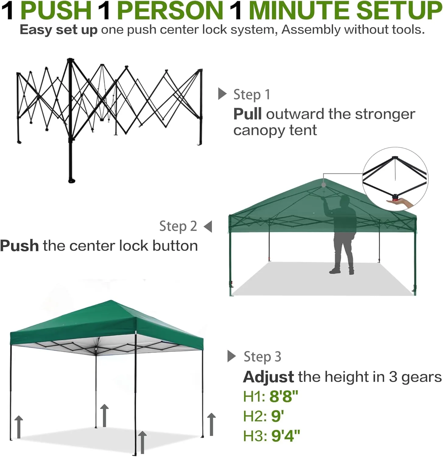 10'x10' Pop Up Canopy Tent with Half Sidewall, 1-Person Easy Setup, Instant Shade Canopy with Sliver Coated for Parties Beach Outdoor, Wheeled Carrying Bag, Stakes, 4 Ropes, 4 Sandbags (Green)