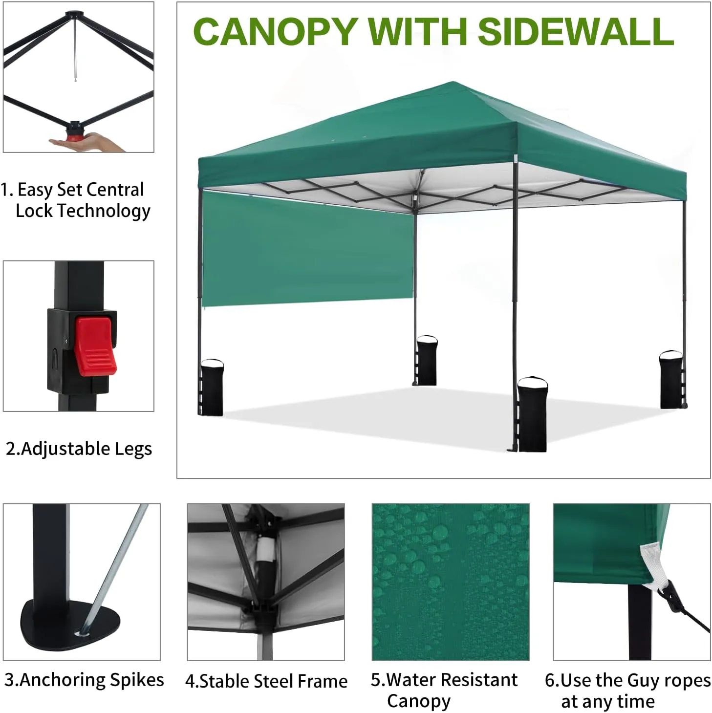 10'x10' Pop Up Canopy Tent with Half Sidewall, 1-Person Easy Setup, Instant Shade Canopy with Sliver Coated for Parties Beach Outdoor, Wheeled Carrying Bag, Stakes, 4 Ropes, 4 Sandbags (Green)