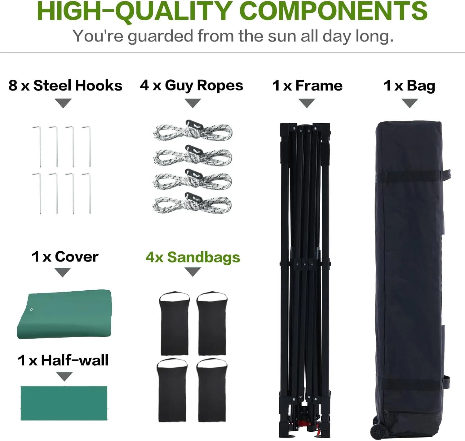 10'x10' Pop Up Canopy Tent with Half Sidewall, 1-Person Easy Setup, Instant Shade Canopy with Sliver Coated for Parties Beach Outdoor, Wheeled Carrying Bag, Stakes, 4 Ropes, 4 Sandbags (Green)