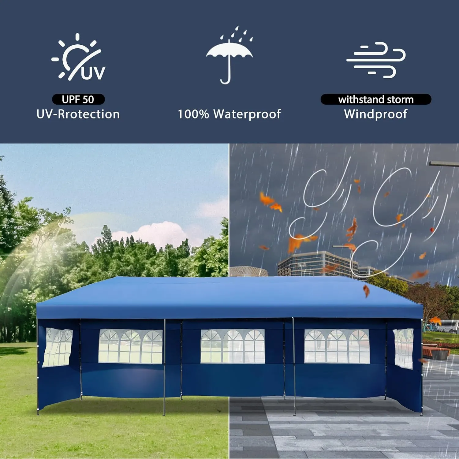 10x30 Outdoor Pop Up Canopy with Sidewalls, Commercial Patio Sun Shelter, Heavy Duty Water Resistant Vented Top Tent with Wheeled Carry Bag, 3 Height Adjustable Canopy for Backyard Gatherings, Navy