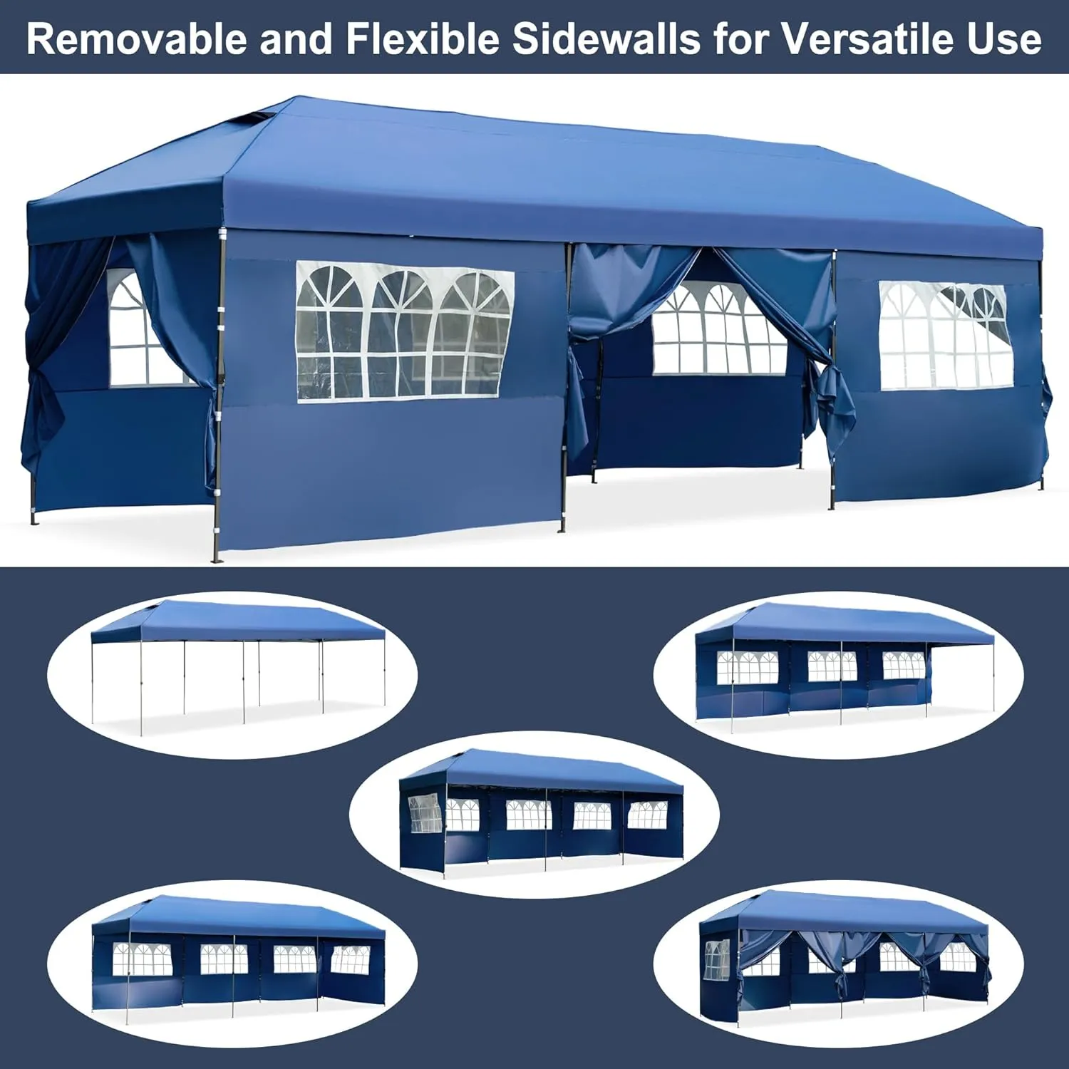 10x30 Outdoor Pop Up Canopy with Sidewalls, Commercial Patio Sun Shelter, Heavy Duty Water Resistant Vented Top Tent with Wheeled Carry Bag, 3 Height Adjustable Canopy for Backyard Gatherings, Navy