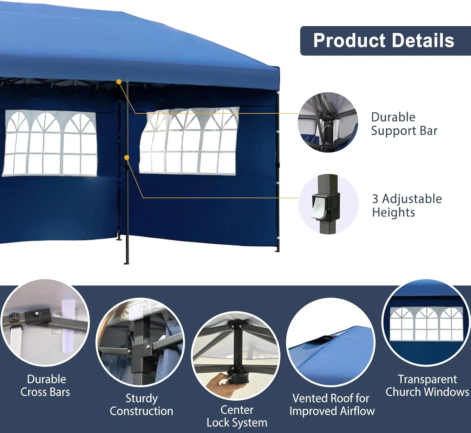 10x30 Outdoor Pop Up Canopy with Sidewalls, Commercial Patio Sun Shelter, Heavy Duty Water Resistant Vented Top Tent with Wheeled Carry Bag, 3 Height Adjustable Canopy for Backyard Gatherings, Navy