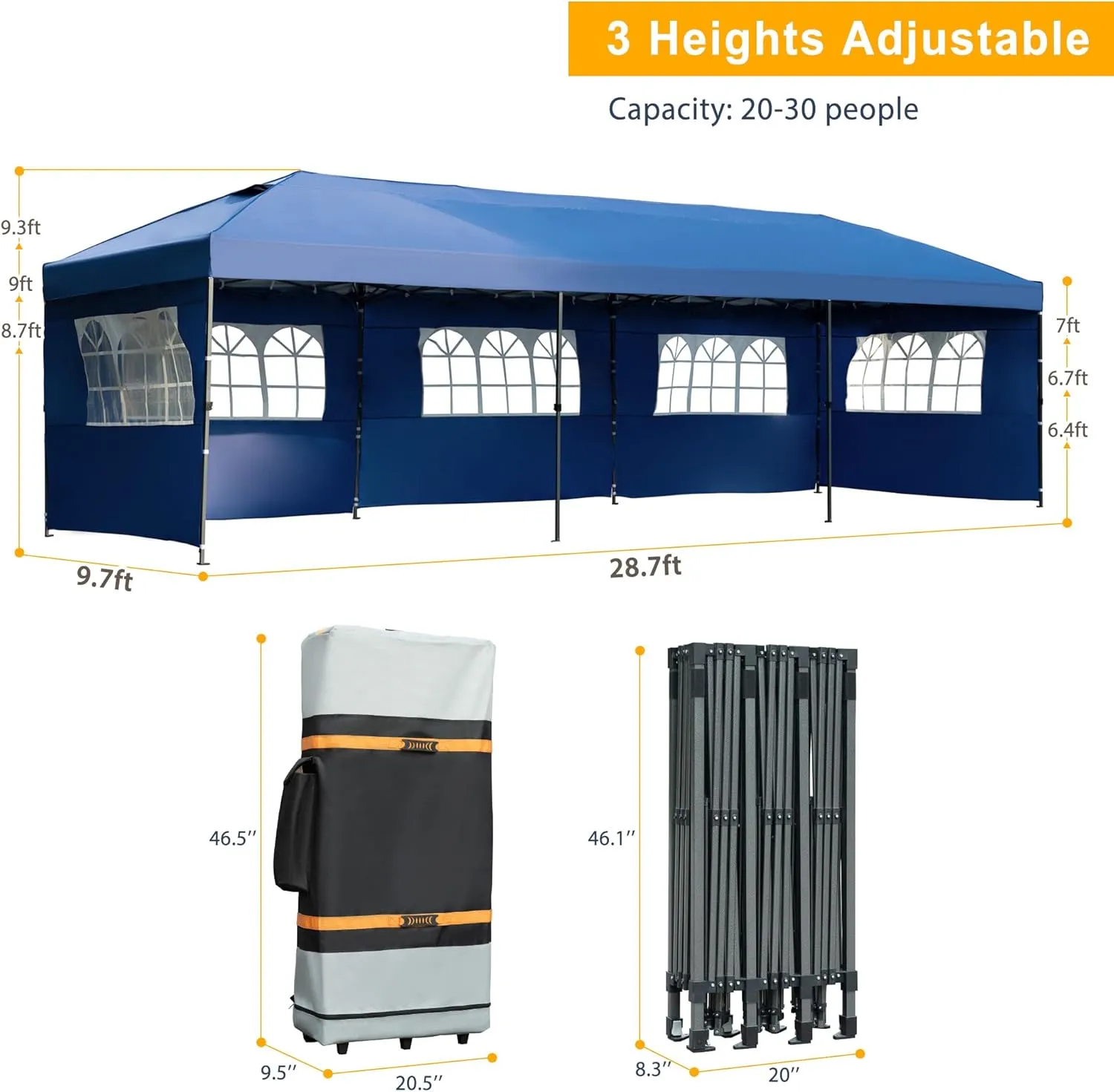 10x30 Outdoor Pop Up Canopy with Sidewalls, Commercial Patio Sun Shelter, Heavy Duty Water Resistant Vented Top Tent with Wheeled Carry Bag, 3 Height Adjustable Canopy for Backyard Gatherings, Navy