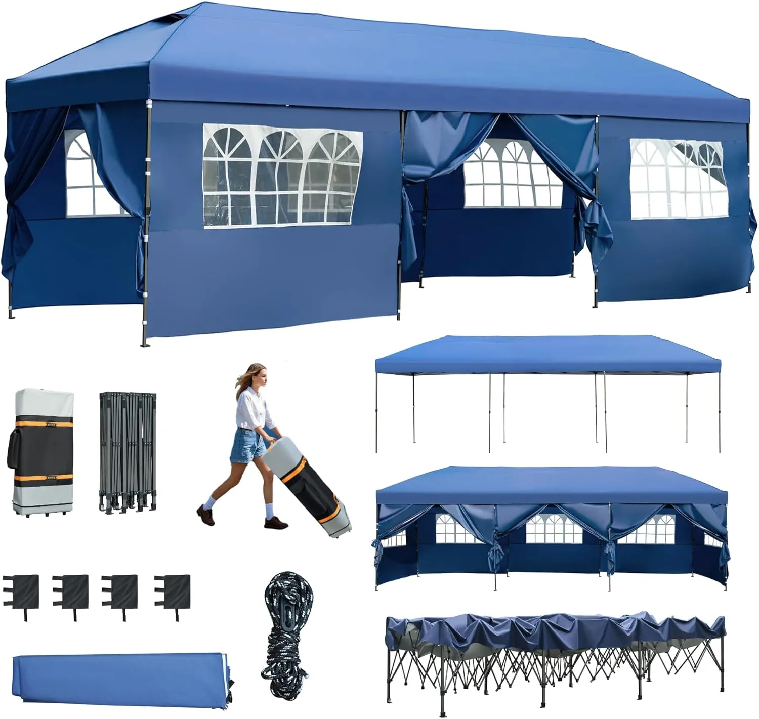 10x30 Outdoor Pop Up Canopy with Sidewalls, Commercial Patio Sun Shelter, Heavy Duty Water Resistant Vented Top Tent with Wheeled Carry Bag, 3 Height Adjustable Canopy for Backyard Gatherings, Navy
