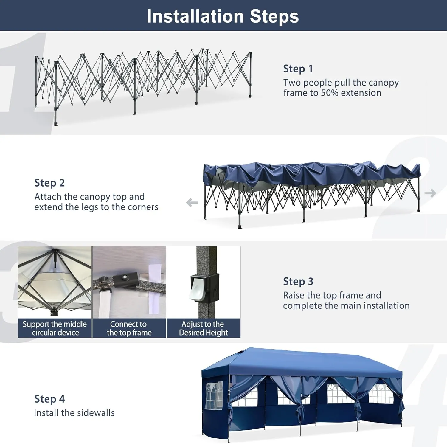 10x30 Outdoor Pop Up Canopy with Sidewalls, Commercial Patio Sun Shelter, Heavy Duty Water Resistant Vented Top Tent with Wheeled Carry Bag, 3 Height Adjustable Canopy for Backyard Gatherings, Navy