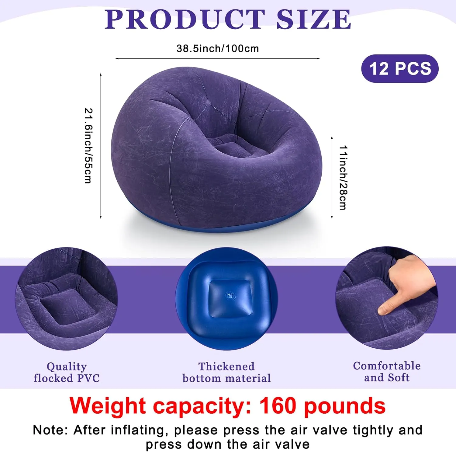12 Pcs Bean Bag Chairs for Adults Inflatable Chairs with Electric Air Pump,Blow up Couch Folding Portable Inflatable Couch Lazy Sofa for Reading Living Room Camping (Blue,Red,Coffee)