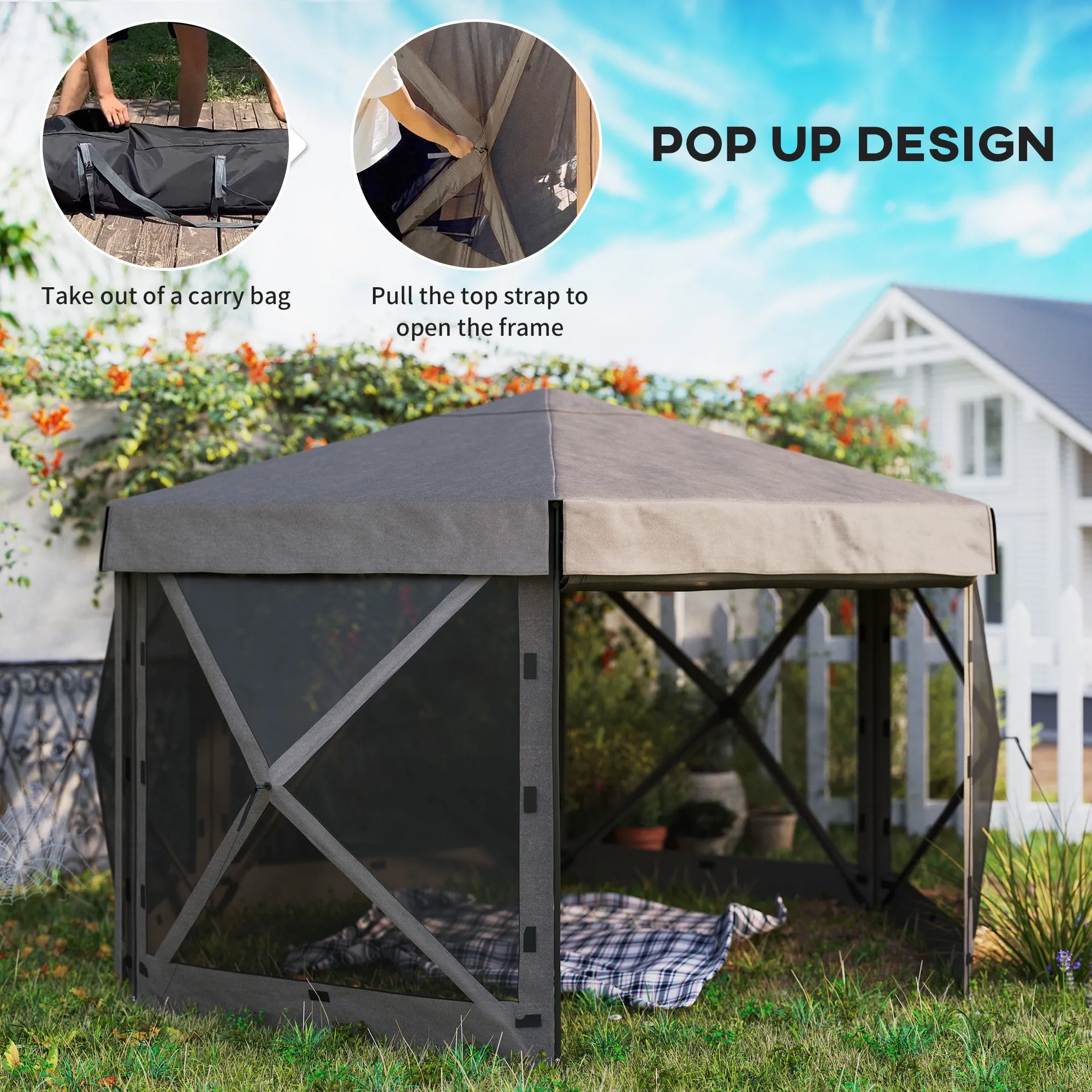12' x 12' Hexagonal Gazebo Canopy Tent with 5 Sidewalls & Carry Bag, Brown