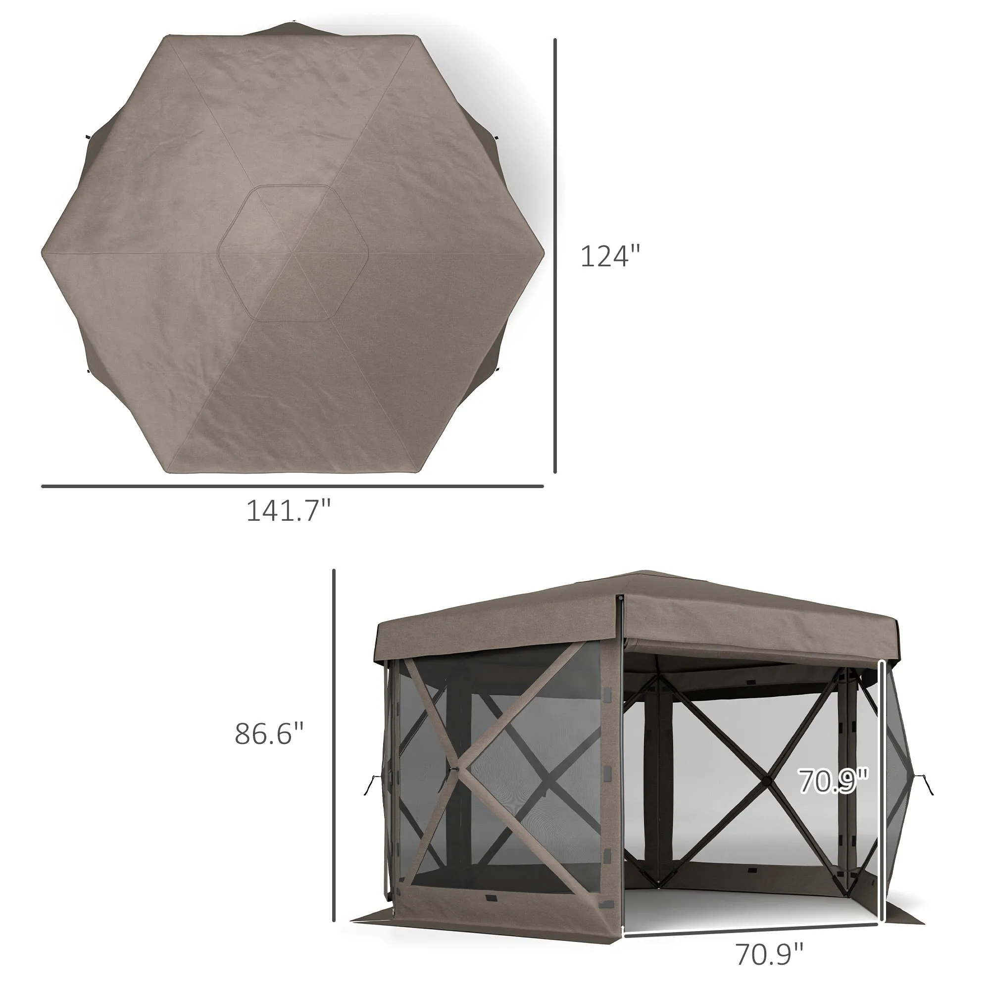 12' x 12' Hexagonal Gazebo Canopy Tent with 5 Sidewalls & Carry Bag, Brown