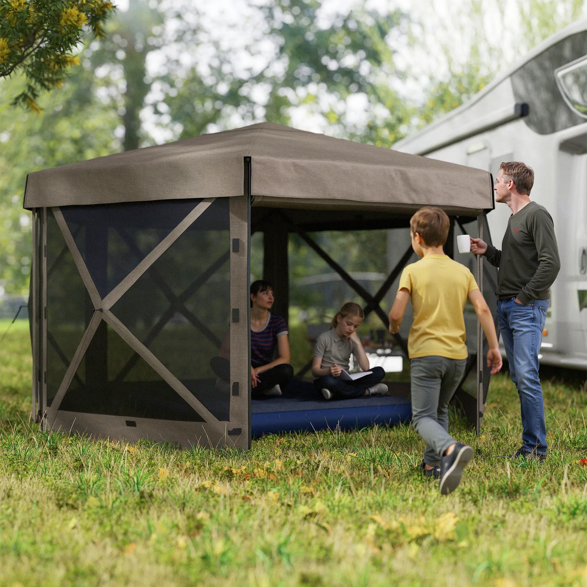 12' x 12' Hexagonal Gazebo Canopy Tent with 5 Sidewalls & Carry Bag, Brown