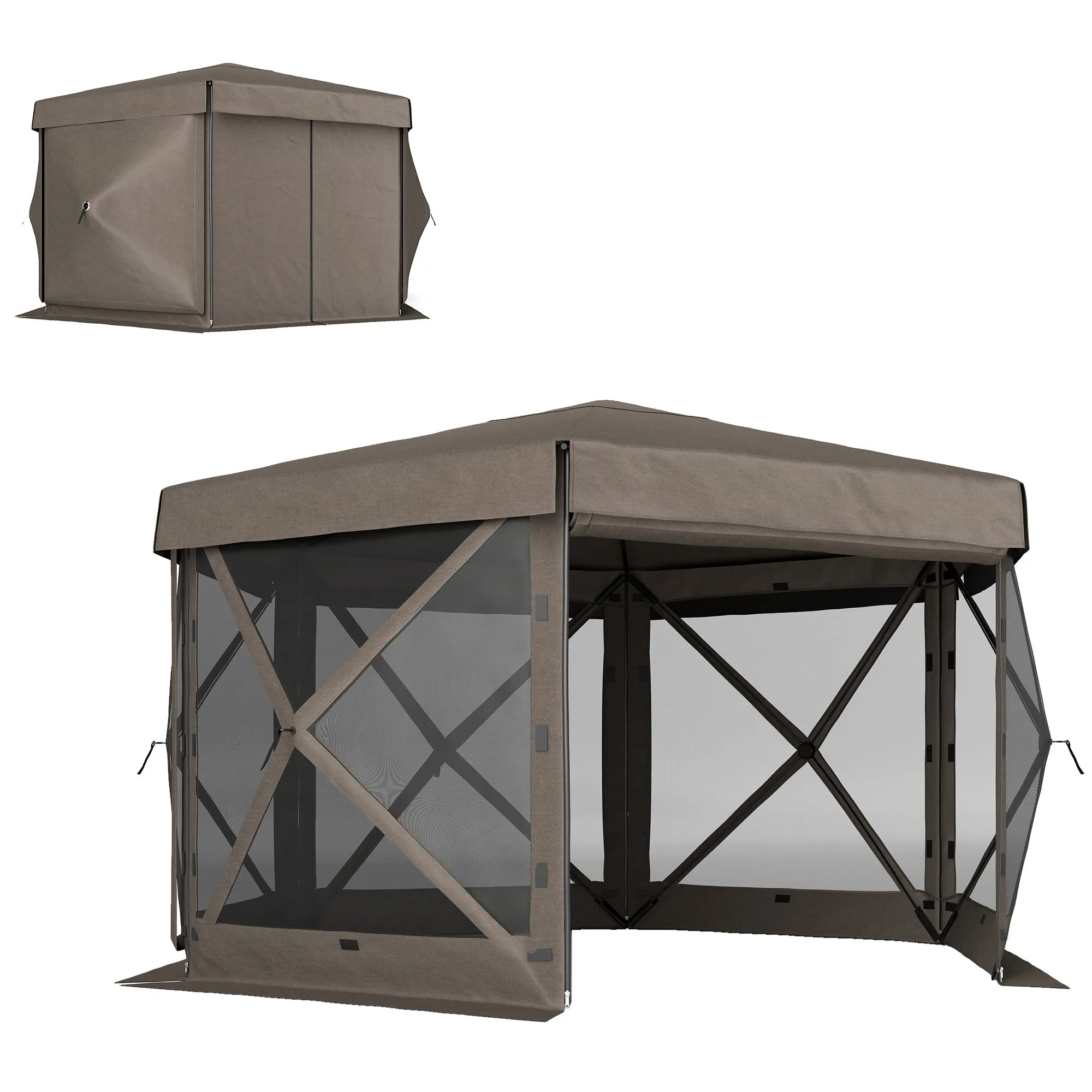 12' x 12' Hexagonal Gazebo Canopy Tent with 5 Sidewalls & Carry Bag, Brown