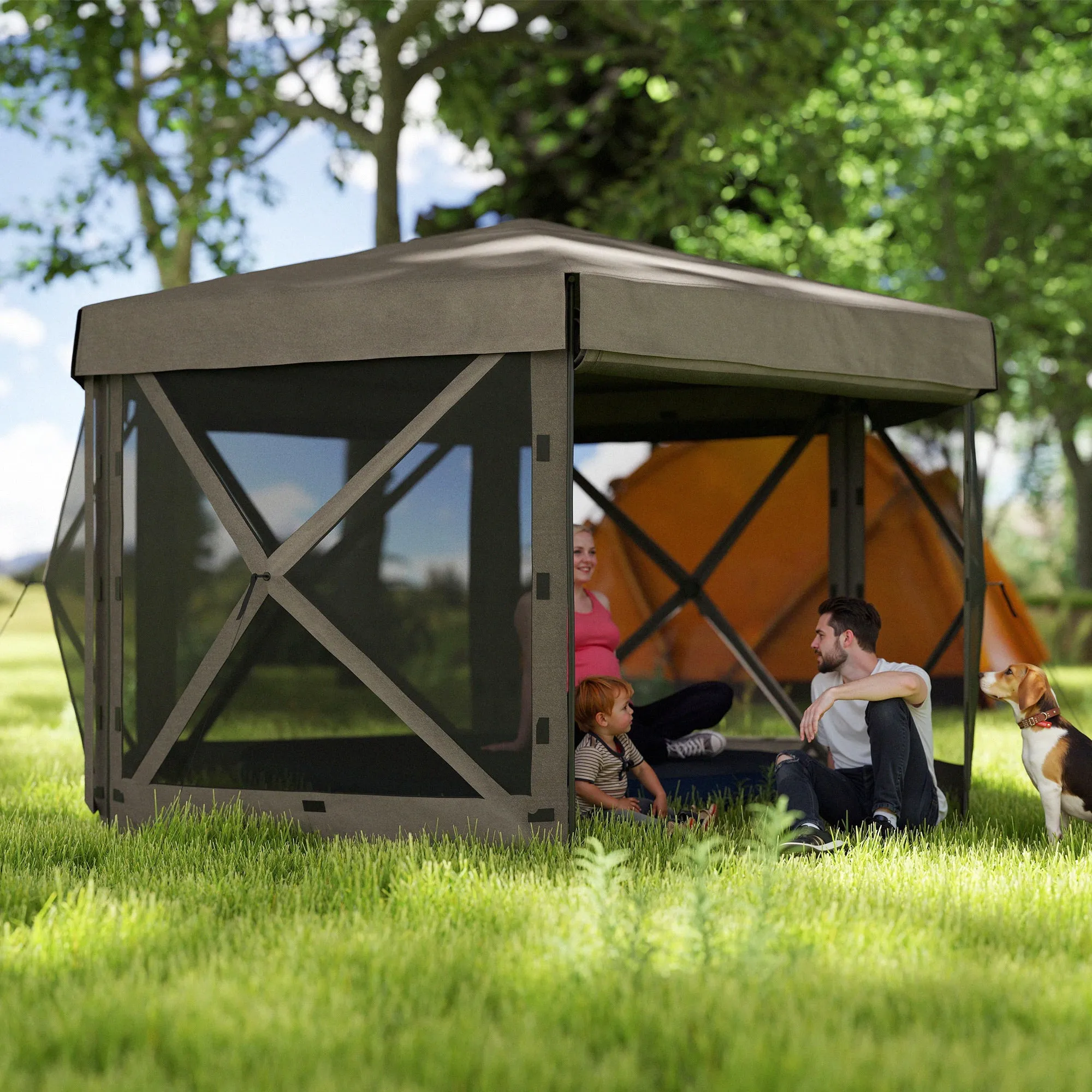 12' x 12' Hexagonal Gazebo Canopy Tent with 5 Sidewalls & Carry Bag, Brown