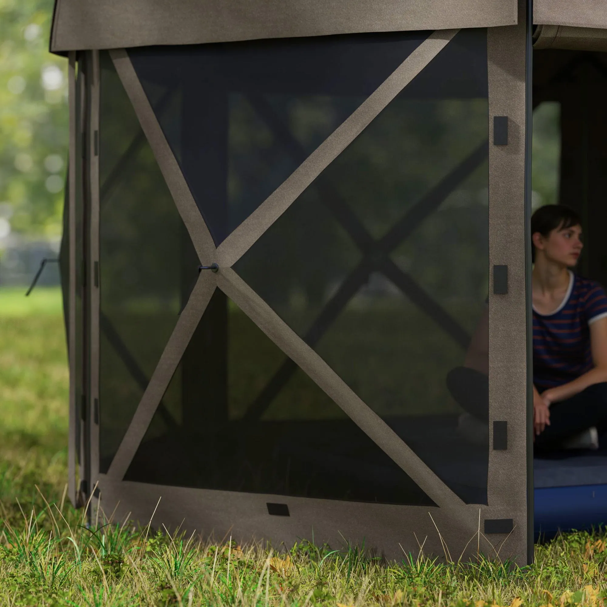 12' x 12' Hexagonal Gazebo Canopy Tent with 5 Sidewalls & Carry Bag, Brown