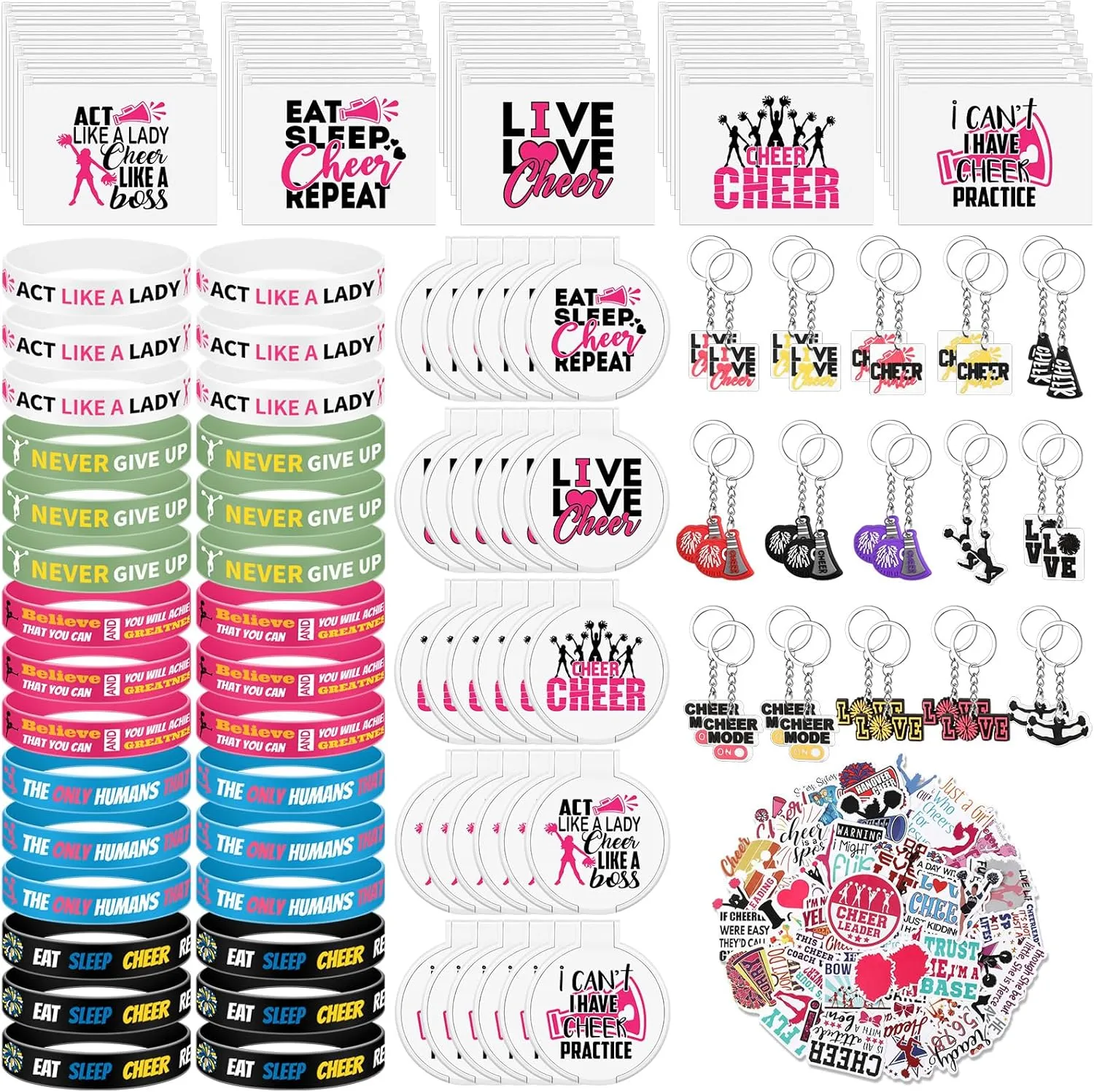 121 Pcs Cheerleader Gifts Kit 30 Zipper Portable Cheer Makeup Bag 30 Keychain Wristband Mirror 1 Bag Waterproof Cheer Stickers for Women Girls Cheerleader Teammates