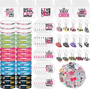 121 Pcs Cheerleader Gifts Kit 30 Zipper Portable Cheer Makeup Bag 30 Keychain Wristband Mirror 1 Bag Waterproof Cheer Stickers for Women Girls Cheerleader Teammates