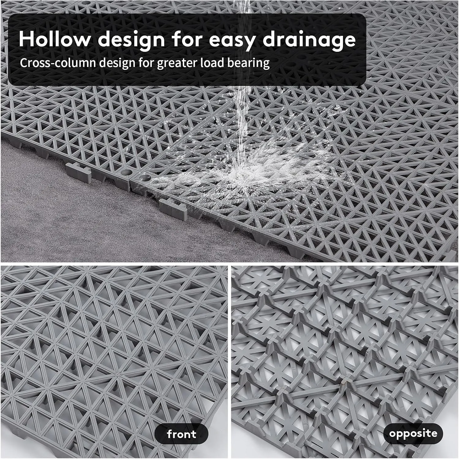 12PCS Interlocking Drainage Mat, 12" x 12" Non-Slip Splicing Rubber Drainage Floor Mats with Holes, Cushioning Floor Tiles Mats for Deck, Pool, Indoor Bathroom & Outdoor Balcony-Gray