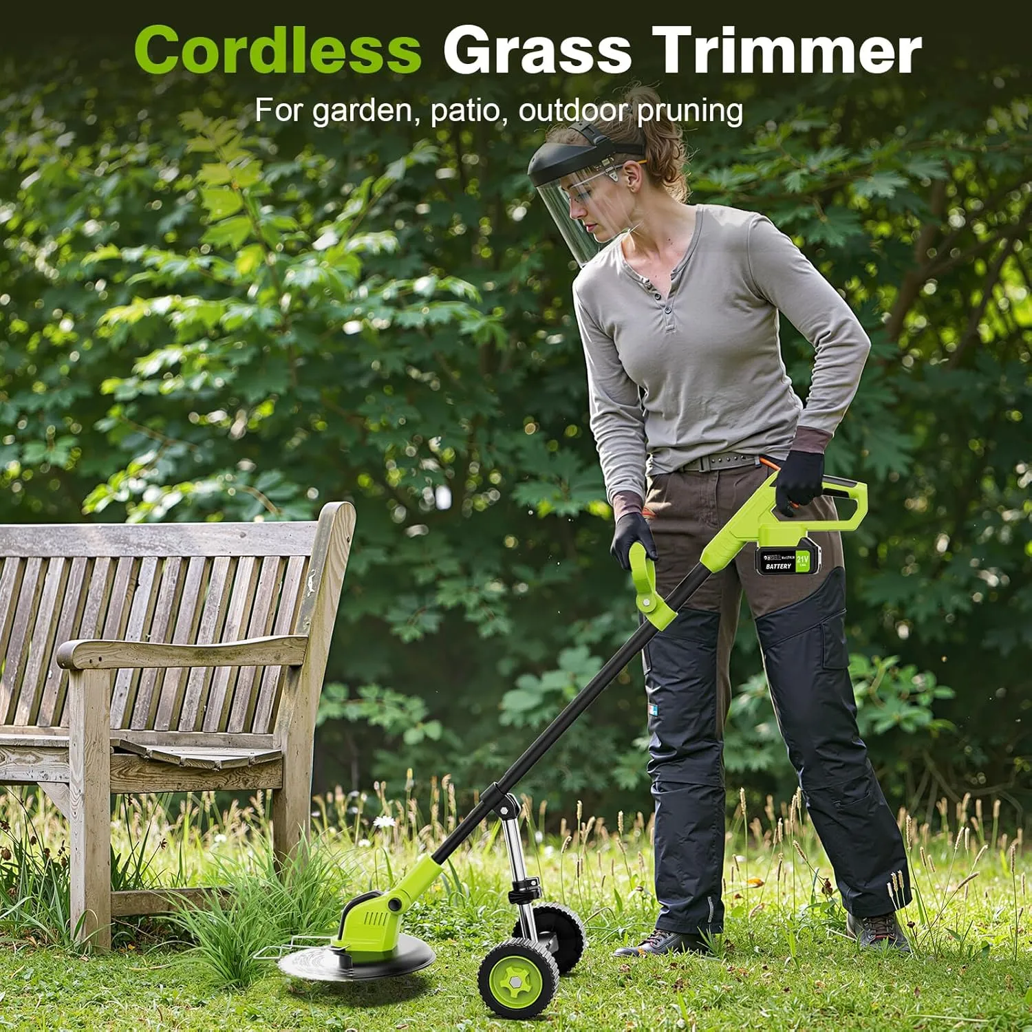 12" Stringless Weed Wacker Cordless Eater, 21V 6000mAh Battery Powered Grass Trimmer Brush Cutter, 3-in-1 Wheeled Lawn Edger with Blades, Electric String Trimmer 2 Batteries and Charger(Green)