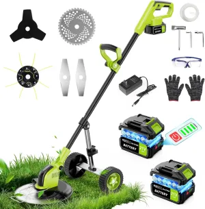 12" Stringless Weed Wacker Cordless Eater, 21V 6000mAh Battery Powered Grass Trimmer Brush Cutter, 3-in-1 Wheeled Lawn Edger with Blades, Electric String Trimmer 2 Batteries and Charger(Green)