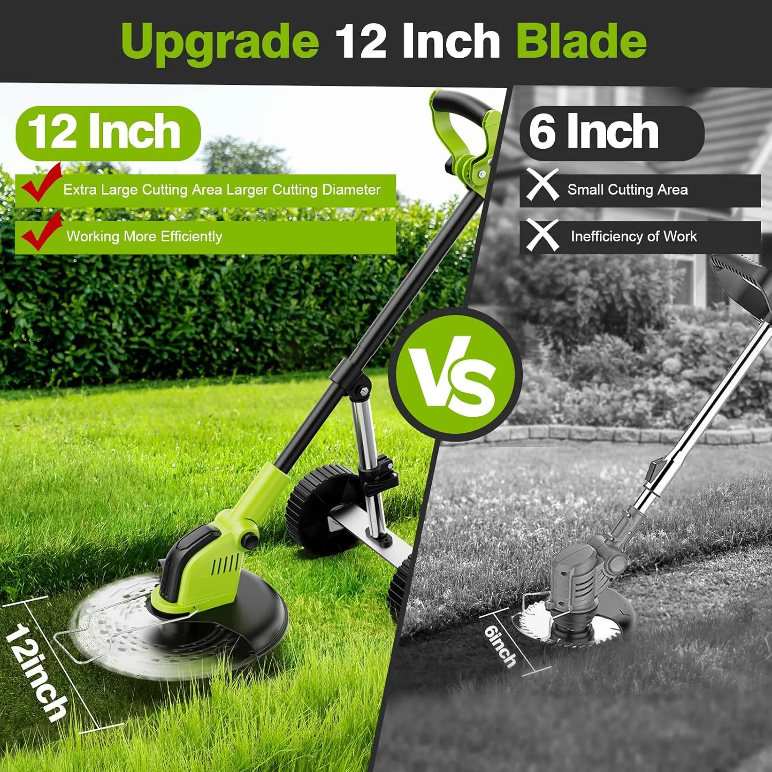 12" Stringless Weed Wacker Cordless Eater, 21V 6000mAh Battery Powered Grass Trimmer Brush Cutter, 3-in-1 Wheeled Lawn Edger with Blades, Electric String Trimmer 2 Batteries and Charger(Green)