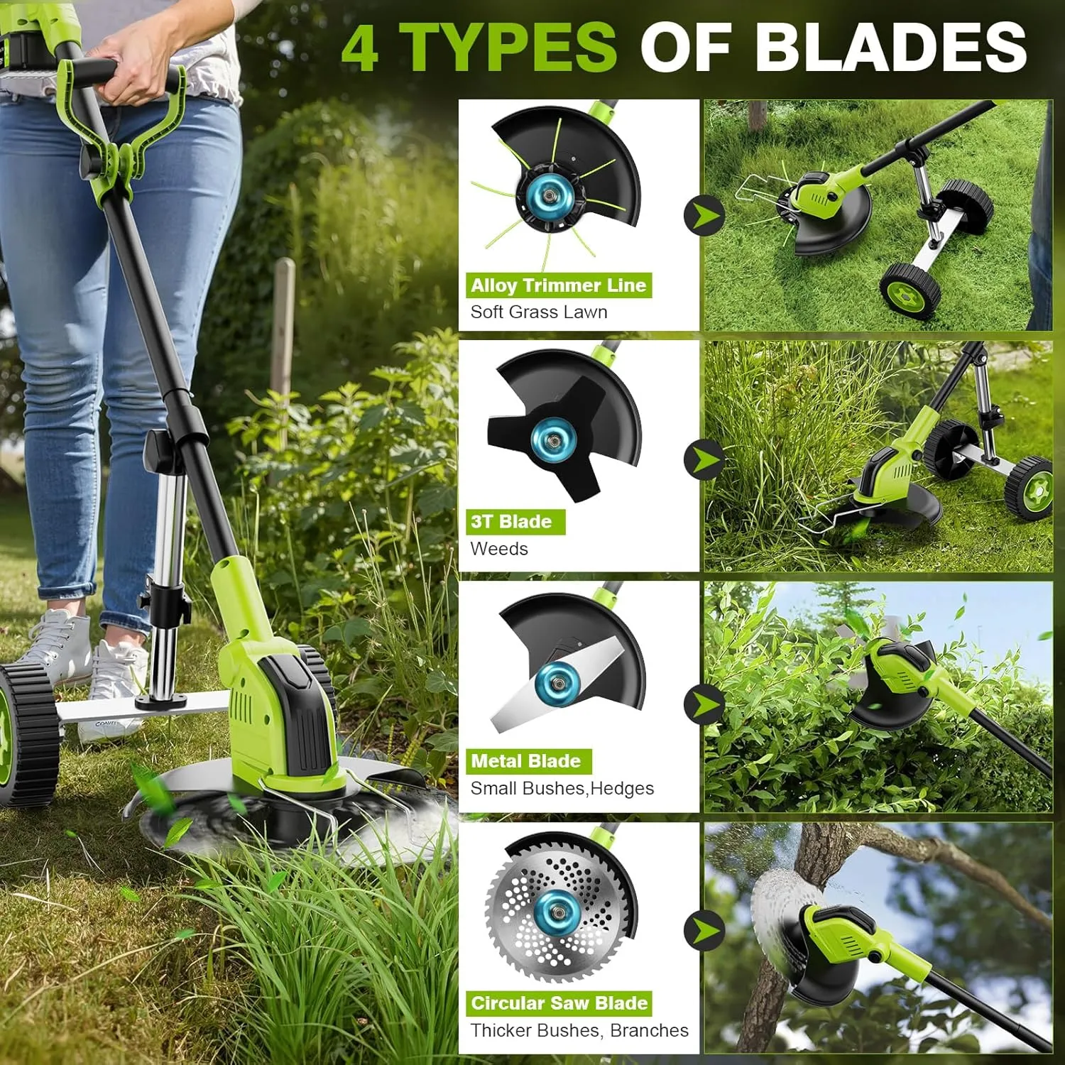 12" Stringless Weed Wacker Cordless Eater, 21V 6000mAh Battery Powered Grass Trimmer Brush Cutter, 3-in-1 Wheeled Lawn Edger with Blades, Electric String Trimmer 2 Batteries and Charger(Green)