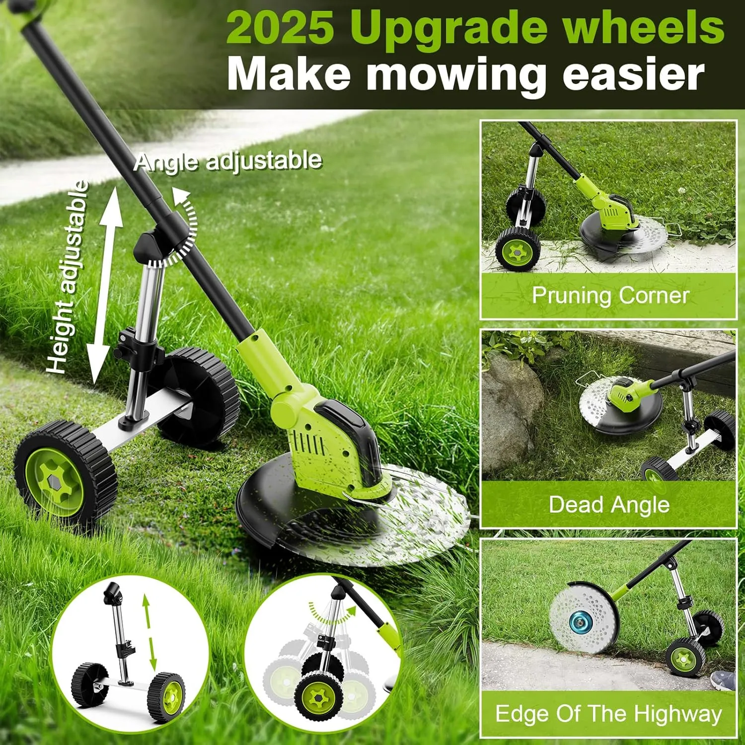 12" Stringless Weed Wacker Cordless Eater, 21V 6000mAh Battery Powered Grass Trimmer Brush Cutter, 3-in-1 Wheeled Lawn Edger with Blades, Electric String Trimmer 2 Batteries and Charger(Green)