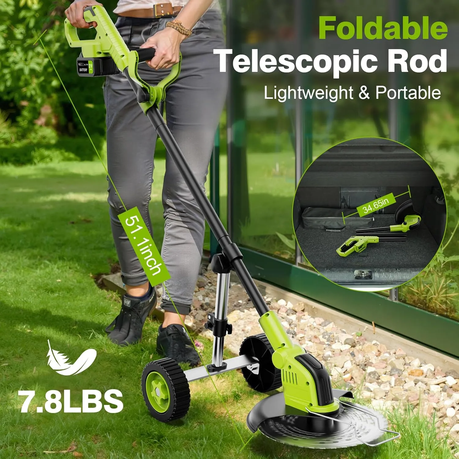 12" Stringless Weed Wacker Cordless Eater, 21V 6000mAh Battery Powered Grass Trimmer Brush Cutter, 3-in-1 Wheeled Lawn Edger with Blades, Electric String Trimmer 2 Batteries and Charger(Green)