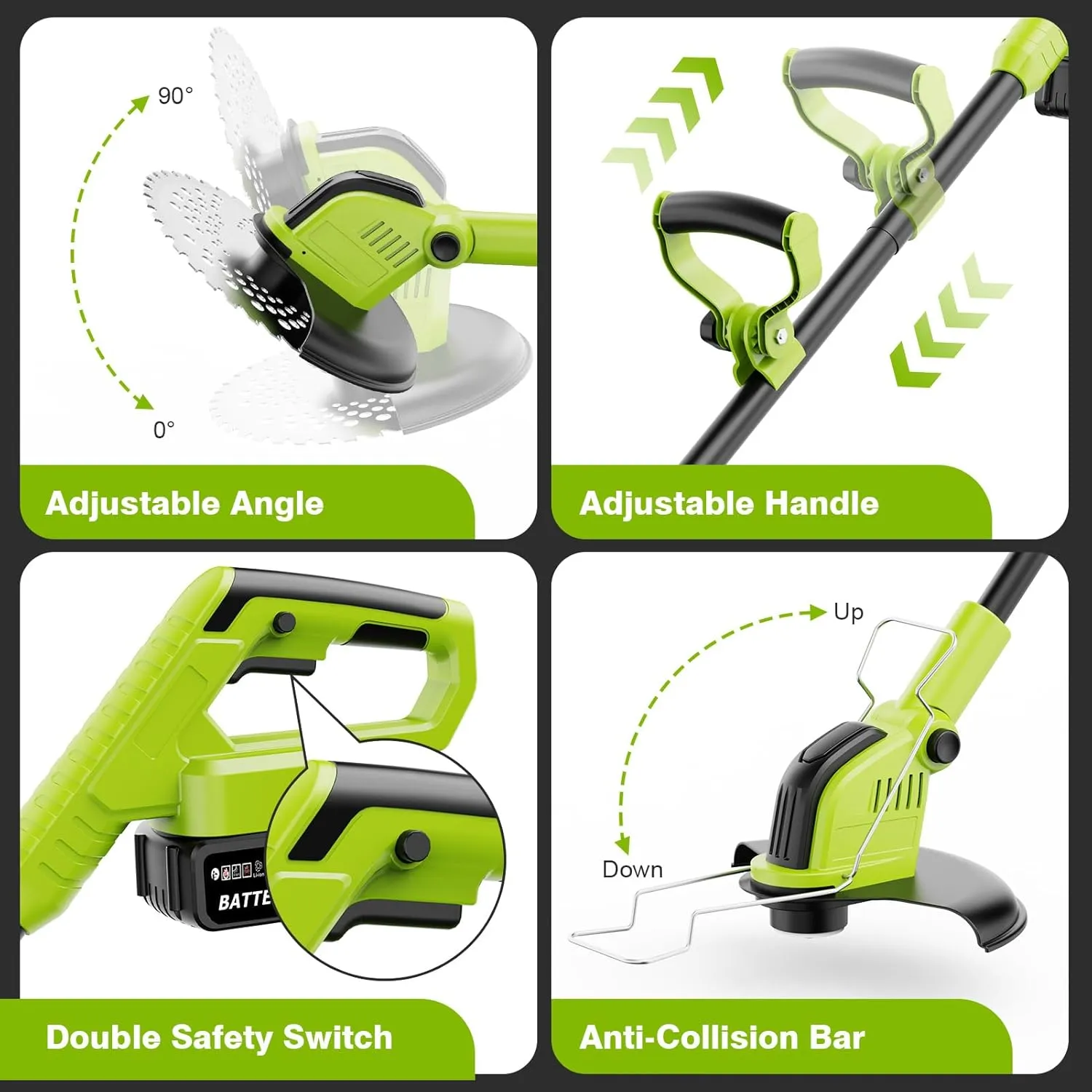 12" Stringless Weed Wacker Cordless Eater, 21V 6000mAh Battery Powered Grass Trimmer Brush Cutter, 3-in-1 Wheeled Lawn Edger with Blades, Electric String Trimmer 2 Batteries and Charger(Green)