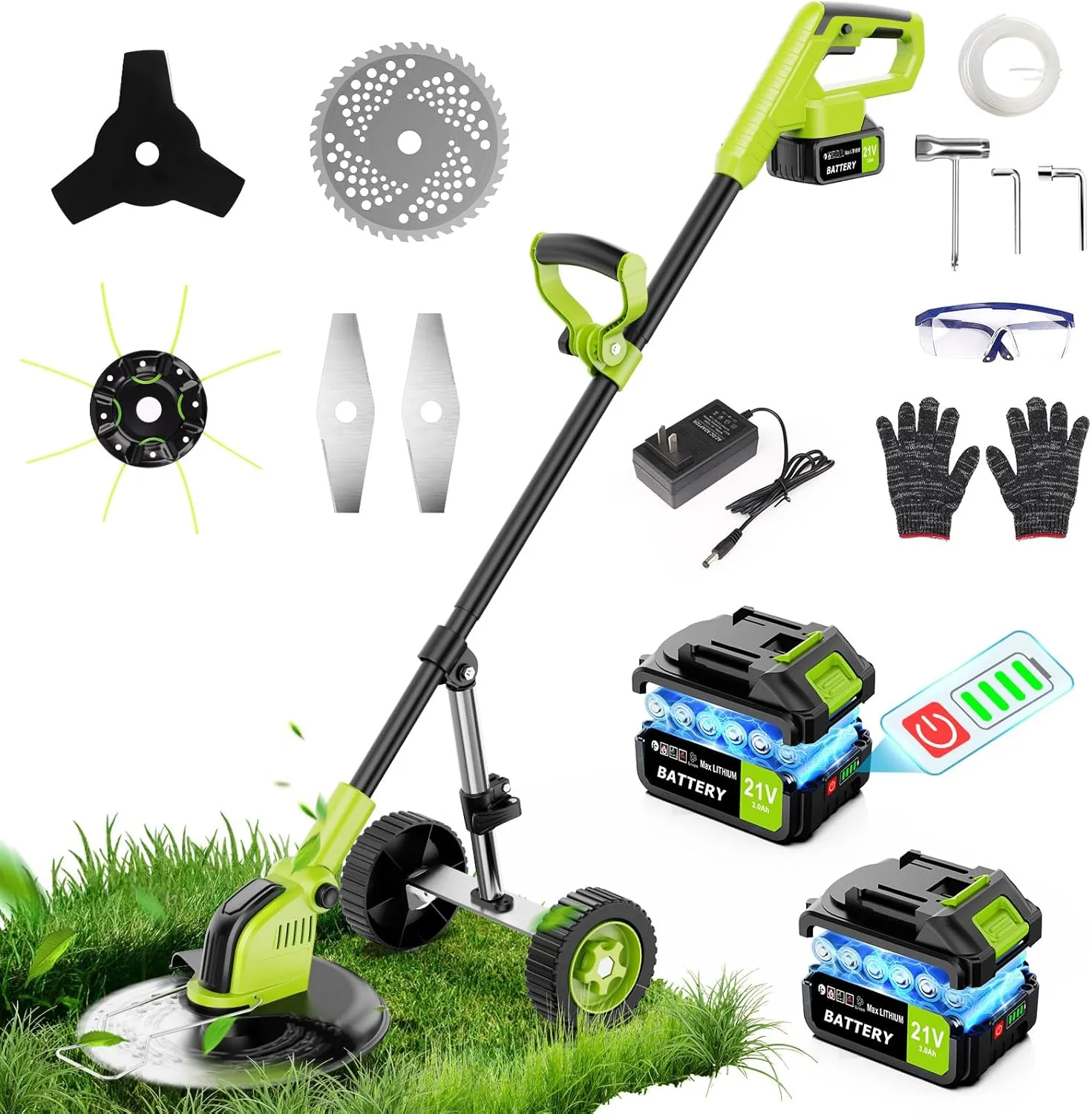 12" Stringless Weed Wacker Cordless Eater, 21V 6000mAh Battery Powered Grass Trimmer Brush Cutter, 3-in-1 Wheeled Lawn Edger with Blades, Electric String Trimmer 2 Batteries and Charger(Green)