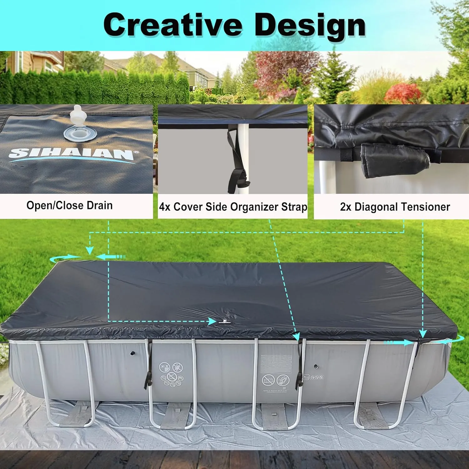 12x24Ft Rectangular Pool Cover with Side Storage for Oval and Rectangular Above Ground Pool, One-Piece Solar Oval Pool Cover, Preventing Waterlogging, UV and Weather Resistant WP:10000kPa 