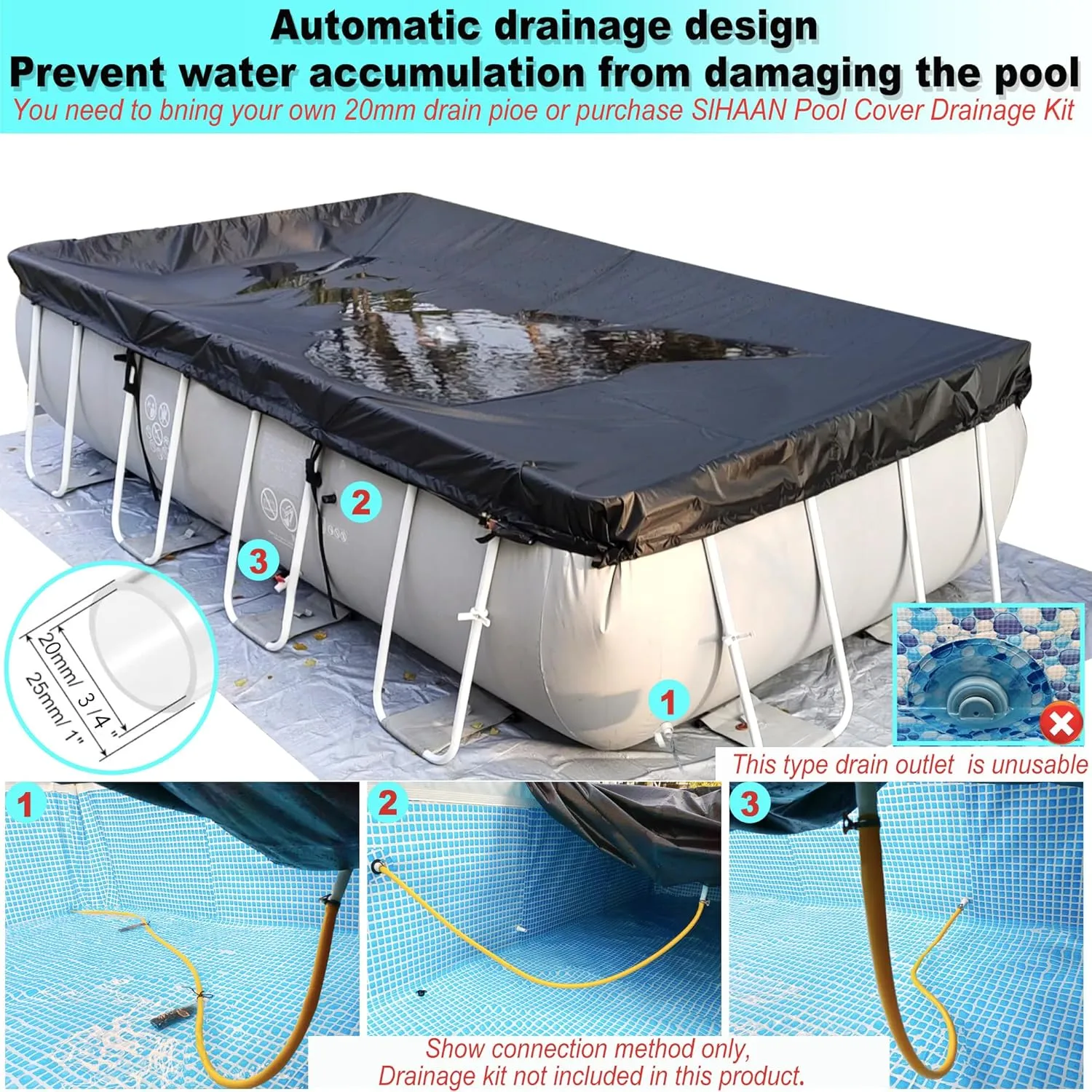 12x24Ft Rectangular Pool Cover with Side Storage for Oval and Rectangular Above Ground Pool, One-Piece Solar Oval Pool Cover, Preventing Waterlogging, UV and Weather Resistant WP:10000kPa 