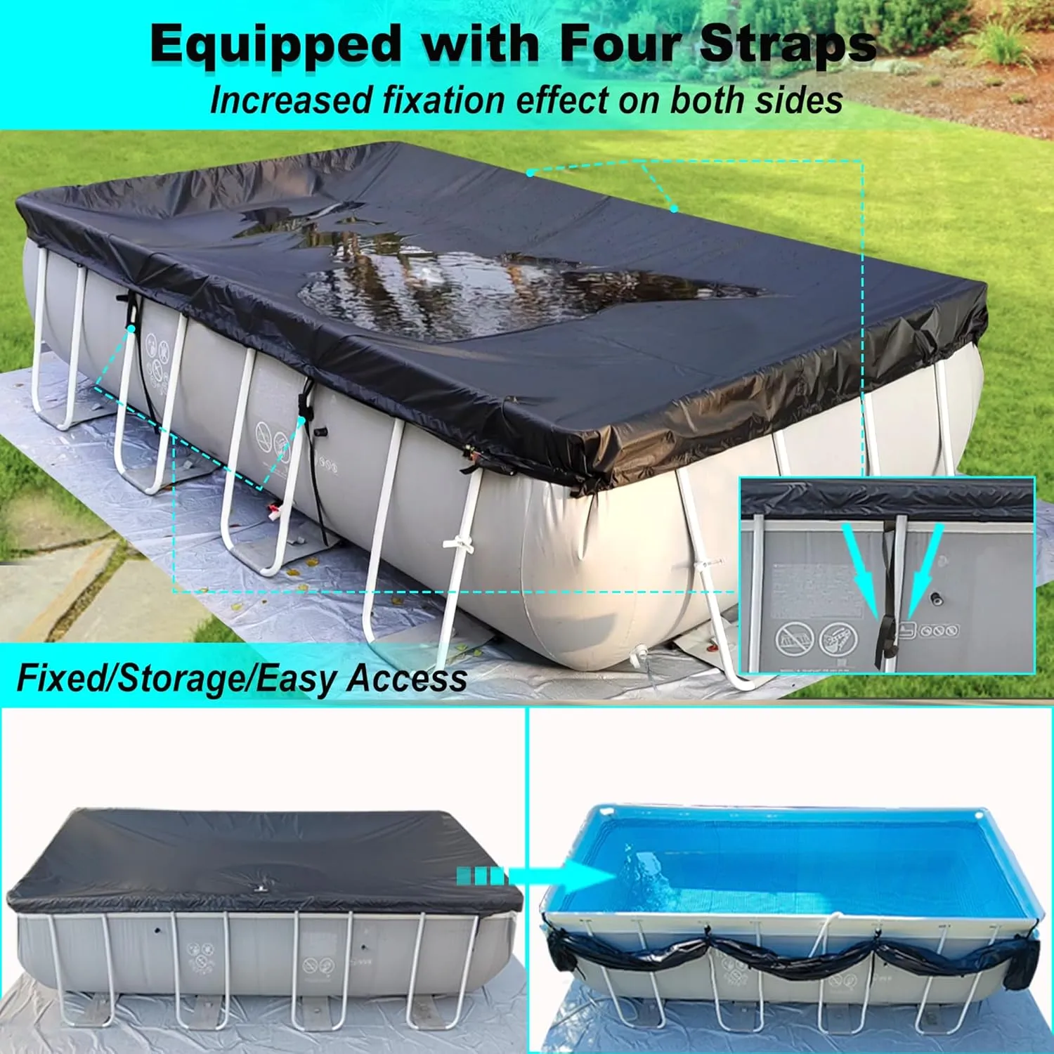 12x24Ft Rectangular Pool Cover with Side Storage for Oval and Rectangular Above Ground Pool, One-Piece Solar Oval Pool Cover, Preventing Waterlogging, UV and Weather Resistant WP:10000kPa 