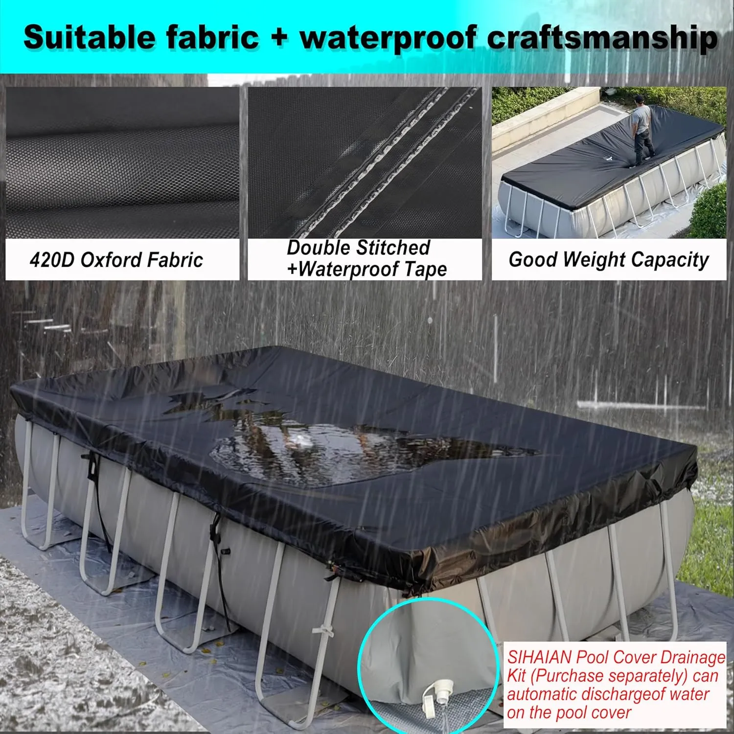 12x24Ft Rectangular Pool Cover with Side Storage for Oval and Rectangular Above Ground Pool, One-Piece Solar Oval Pool Cover, Preventing Waterlogging, UV and Weather Resistant WP:10000kPa 