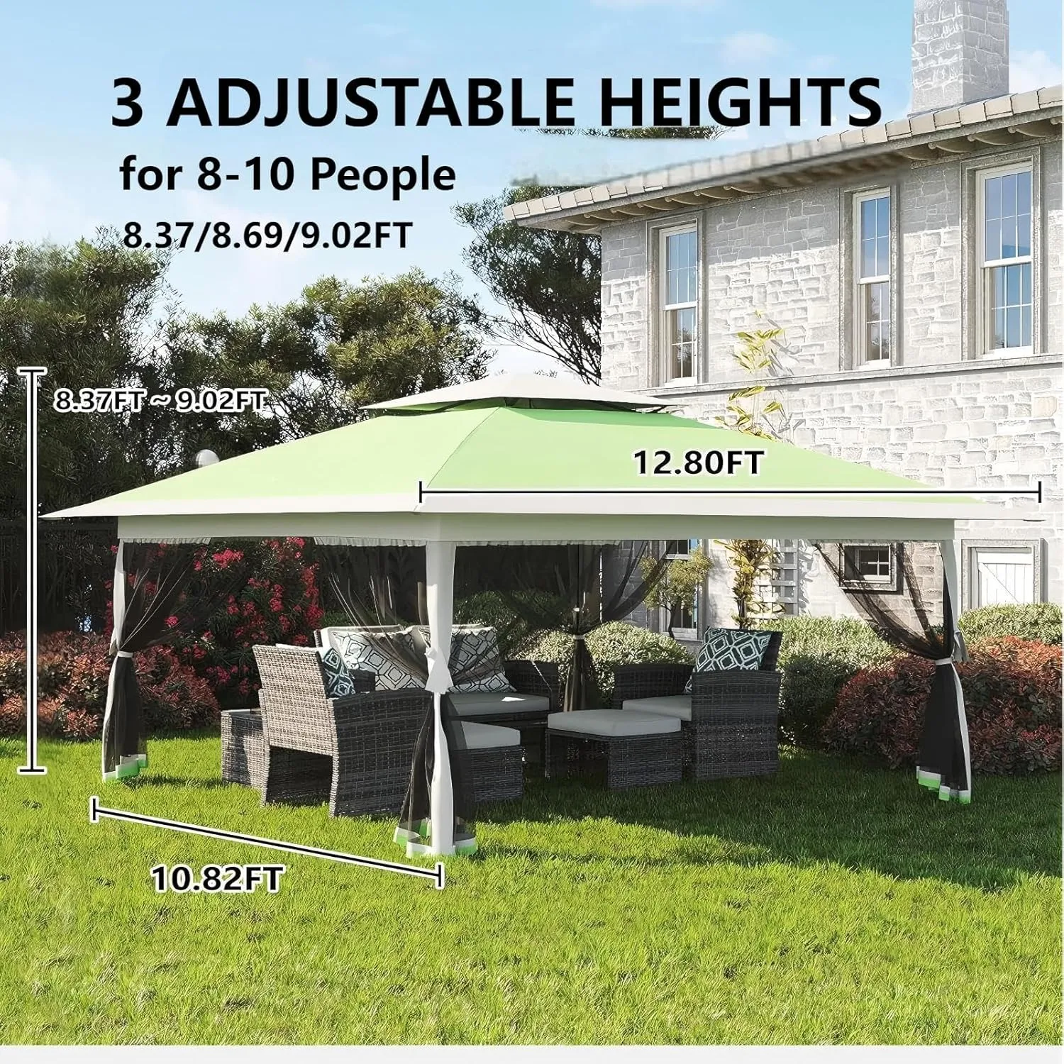 13x13FT Outdoor Pop Up Canopy Instant Tent, Foldable Tent Sun Shelter Gazebo, Adjustable Heights, Quick Setup, Wheeled Carry Bag, for Patio Furniture and Backyard